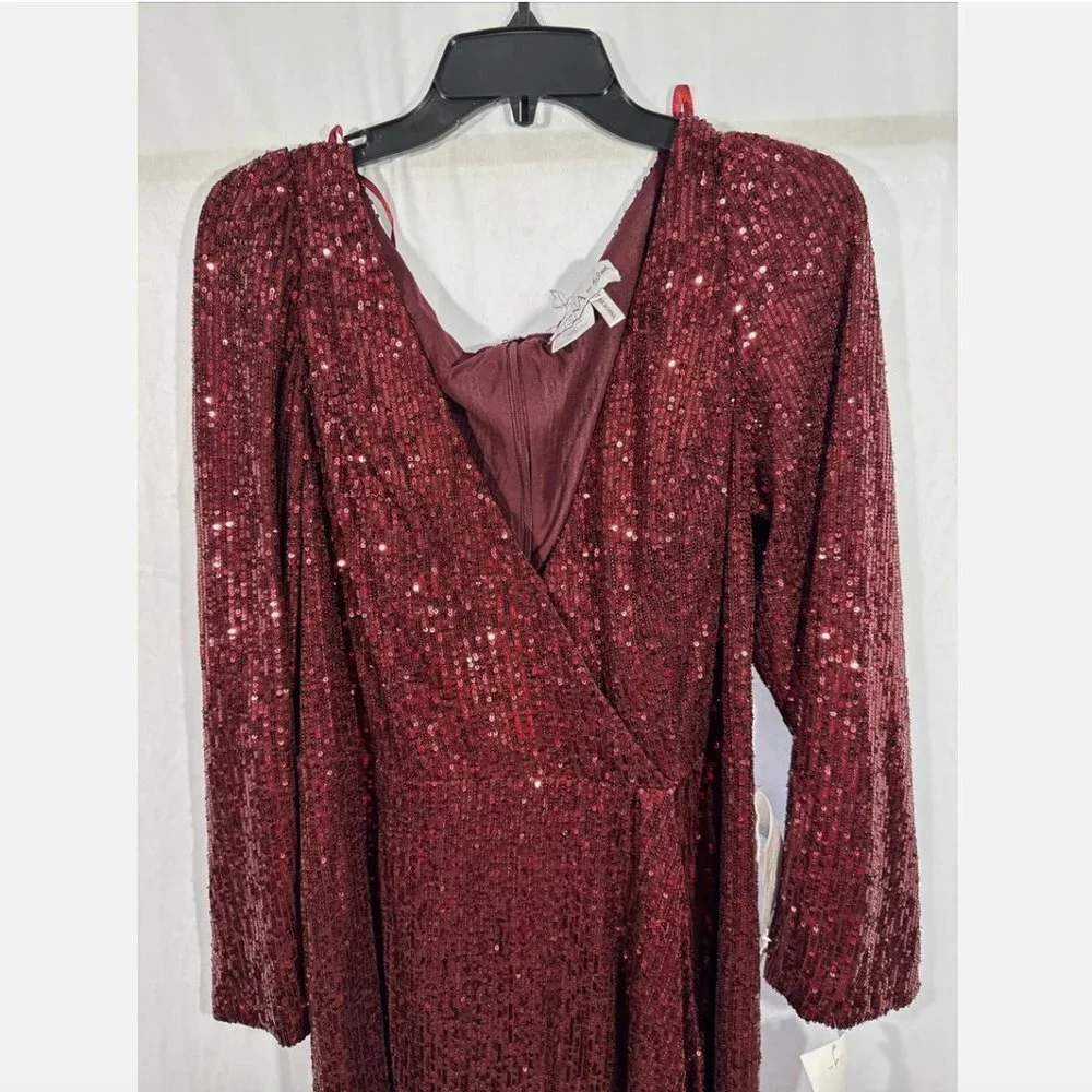 NEW $398 IEENA Mac‎ Duggal [ 16 ] Sequin Wrap Evening Gown in Wine Red #Q480
